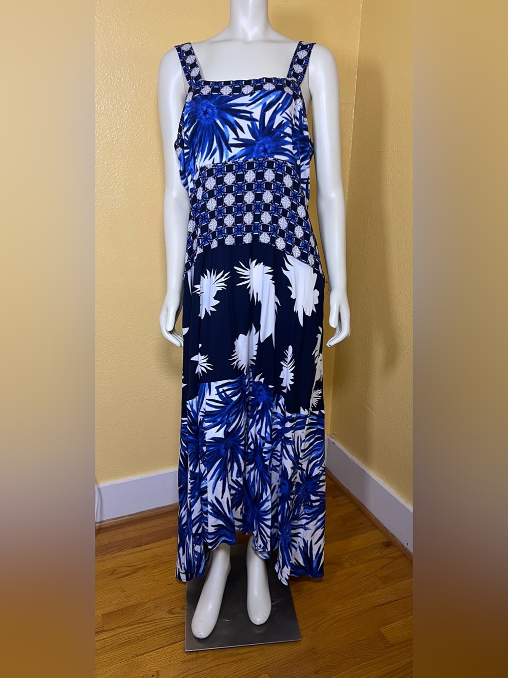 1.STATE Beach Blue White Floral Patchwork Maxi Dress Smocked Back Resort, XL - Picture 4 of 13